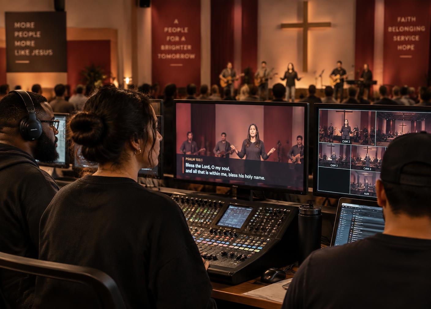 Church media volunteers operating a live service production desk