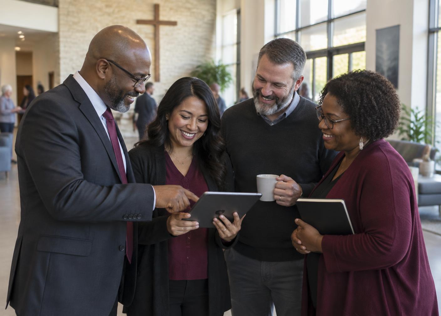 A diverse church leadership team reviewing notes together